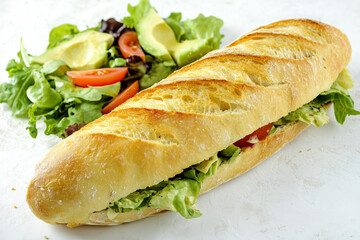 Freshly baked bread loaf with sliced ripe tomatoes, crisp lettuce, and creamy avocado on a white plate, with a soft background and natural lighting