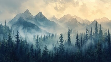 Obraz premium Misty forest with towering pine trees shrouded in fog.
