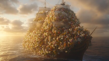 Flower-laden galleon sailing at sunset.