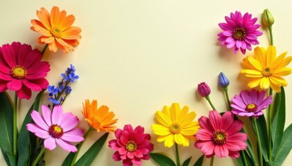 Colorful spring flowers arrangement on paper background, garden scene, colorful flowers, floral arrangement