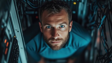 IT technician in a server room checks the network cables.