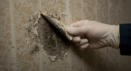 highlighting home maintenance and health hazards, cleaning,Gloved hand peeling back moldy wallpaper revealing black mold on wall, real estate,indoor, allergen, allergy, asthma, respiratory