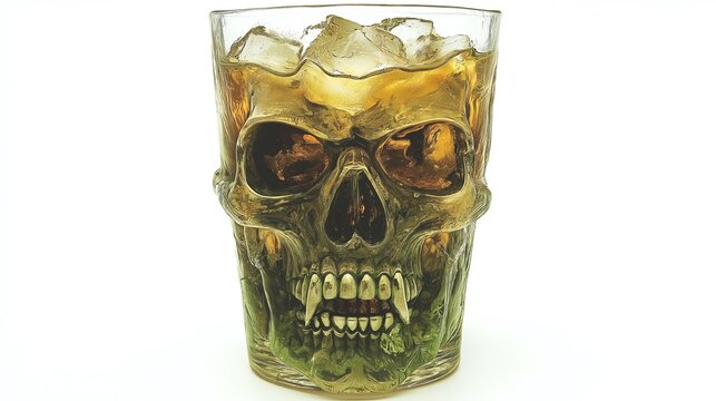 A unique skull-shaped glass filled with ice and whiskey, perfect for Halloween parties or themed gatherings.