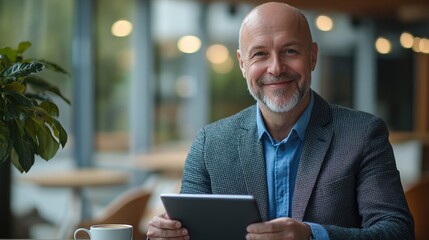 A man in a suit smiles while using a tablet in a cafe.