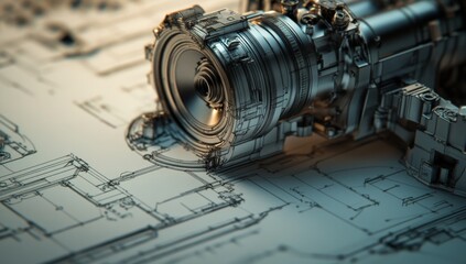 Detailed metallic engine design blueprint