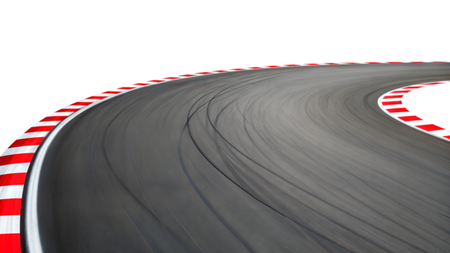 Race track road curve with tire marks isolated on a transparent background