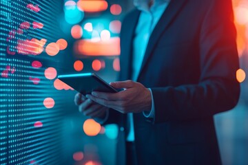 Strategy graph and business background. Businessman using a tablet with a vibrant digital background.