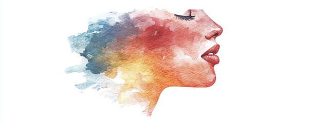 Beautiful watercolor illustration of a woman's profile, blending vibrant colors to create a dreamlike effect.