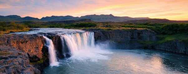 Fototapeta premium Waterfall landscapes concept. Breathtaking waterfall cascading into a serene pool amid stunning natural beauty.