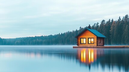 Fototapeta premium Lakeside sunset landscapes idea. Serene lakeside cabin reflecting on calm waters in a tranquil natural setting.