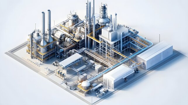 conA large industrial plant with many buildings and pipes. The image is a 3D rendering of the plantstruction of a building