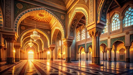 Majestic Mosque Interior: Golden Light & Intricate Islamic Architecture Stock Photo
