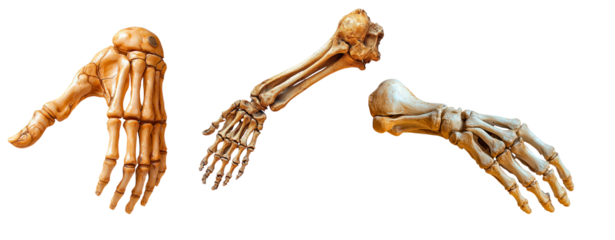 Set of detailed view of a human skeletal hand isolated on transparent background