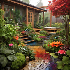 Obraz premium Rainy Garden Becomes a Vibrant Sanctuary, Blending Water and Foliage into a Colorful Harmony
