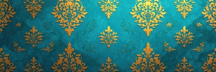 Damask Wallpaper with Gold and Turquoise Motif,  sophisticated wallpaper,  blue turquoise hues ,  ornate floral motifs