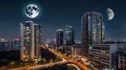 Fototapeta premium Night city skyline with moon and Earth; urban landscape at night; possible use for backgrounds in commercial or residential projects