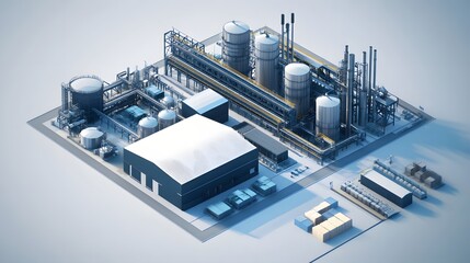 Fototapeta premium A large industrial complex with many tanks and buildings. Scene is industrial and somewhat ominous