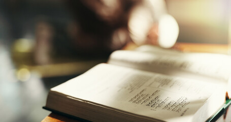 Quran, closeup and faith in home, book and study for religion, Islam and desk with education. Empty...