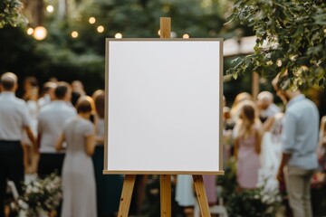 A blank white welcome sign mockup, size is 24 by 36 inches in portrait orientation, on an easel during a wedding party.