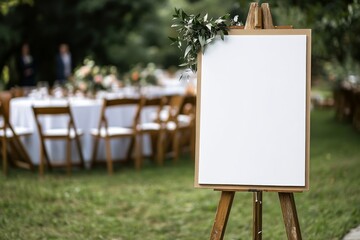 A blank white welcome sign mockup, size is 24 by 36 inches in portrait orientation, on an easel during a wedding party. 