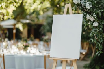A blank white welcome sign mockup, size is 24 by 36 inches in portrait orientation, on an easel during a wedding party.