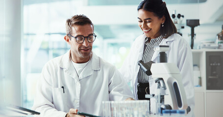 Results, biotech or people in lab with tablet, microscope or medical experiment for cancer...