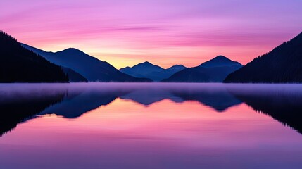 Fototapeta premium Lakeside sunset landscapes idea. Stunning sunset over tranquil lake reflecting vibrant colors and majestic mountains.