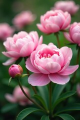 Obraz premium Soft pink peonies fill the air with gentle sweetness as petals unfurl in every direction, creating a romantic backdrop of lush blooms , flowers, pastel colors, garden