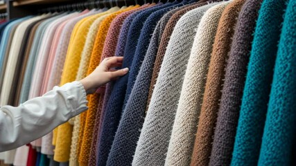 Browsing colourful wool coats on a rack, fashion and textile selection