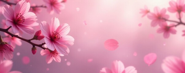Fototapeta premium Soft pink sakura petals float gently in a serene mist background, blossom, sakura