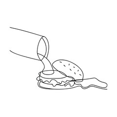Continuous Line Drawing of Burger with Sauce Pouring