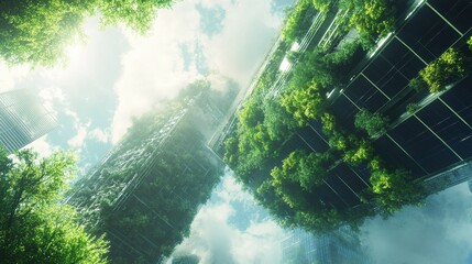 A futuristic eco-friendly skyscraper covered in vertical gardens and solar panels
