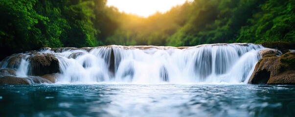 Waterfall landscapes concept. Tranquil waterfall flowing gently through lush green forest at sunset.