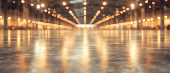 Expansive Industrial Warehouse Interior with Gleaming Concrete Floor and Warm Ambient Lighting Creates a Sense of Vastness and Potential