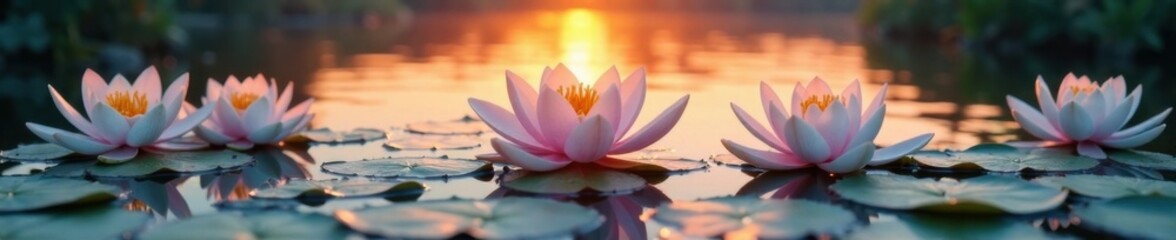 Delicate floral wave forms on the surface of a serene lake at sunset with hearts made from water lilies, peaceful scene, water lily