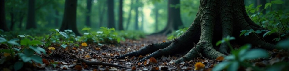 Dark wooden tree roots in mysterious forest atmosphere, forest floor, forest