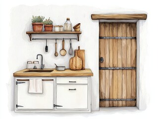 Charming kitchen with wooden accents, showcasing a rustic design, plants, and essential cooking utensils against a cozy backdrop.