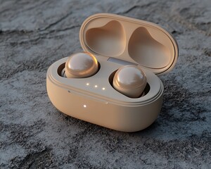 Noise-Canceling Earbuds with Soft Glow on a Minimalist Concrete Slab