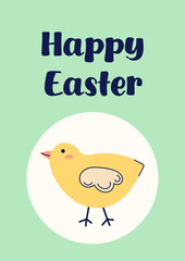 Happy Easter simple card with chicken. Design with text on green background. Happy Easter hand drawn card. Flat illustration with partial outline. Vector illustration.