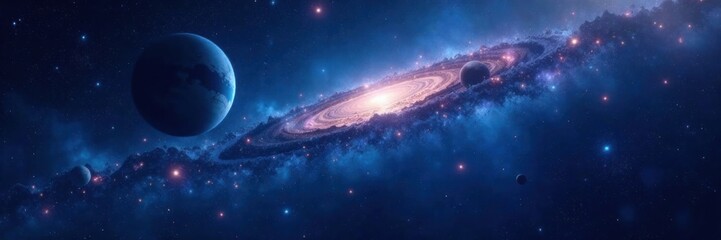 Fototapeta premium Deep space galaxy with stars and planets in a dark blue background, space, stars