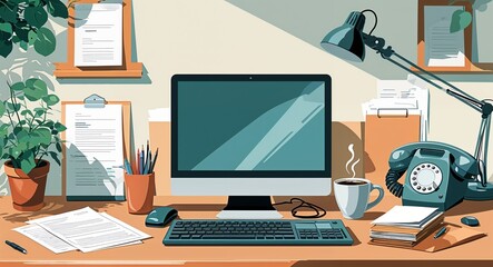 Empty office desk with telephone documents and coffee mug
