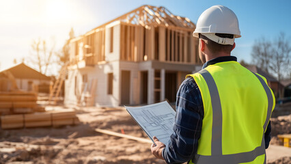 Civil Architect Engineer Inspecting House Construction with Blueprints. Engineering and Architecture Concept