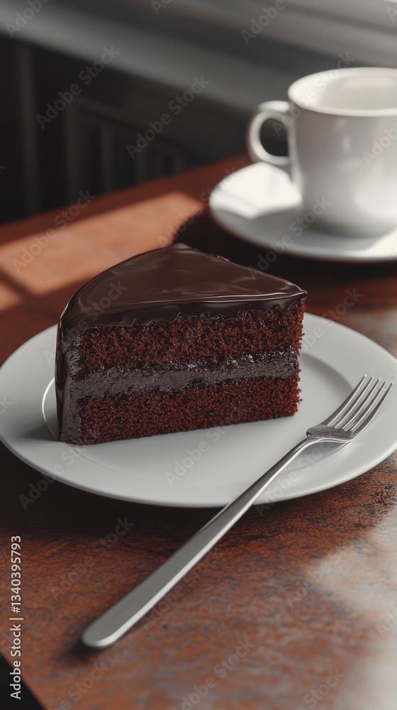 Poster Decadent chocolate cake slice served on a plate with a coffee cup in the background