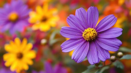 Fototapeta premium Vibrant cosmos flower blooms in a colorful garden with blurred background creating a serene natural scene perfect for spring and summer themes