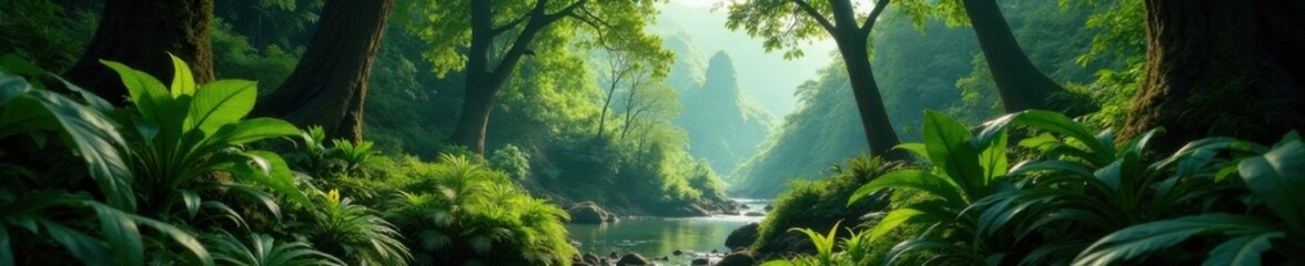 Dense foliage sways gently in the warm breeze amidst a clearing of giant ferns and orchids, warm weather, jungle foliage