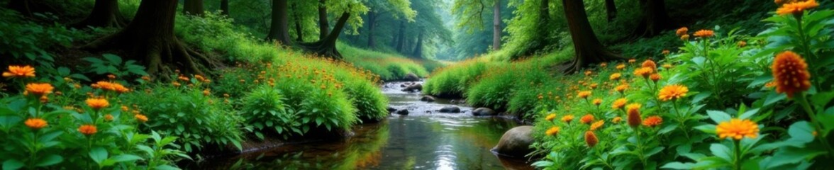 Dense foliage surrounds a meandering stream lined with vibrant wildflowers, woodland, landscape, forest