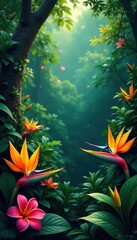 Dense foliage with vibrant greenery and colorful exotic flowers , green, southeast asia, flowers