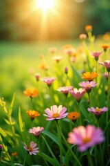 Obraz premium sunlit field of blooming flowers with gentle breeze and green grass , meadow, outdoors, natural
