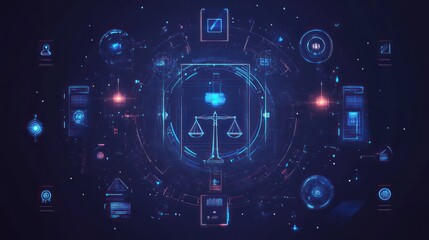 Digital justice concept, legal tech, futuristic interface,  global accessibility,  possible use stock photo for legal technology,  business, or innovation design