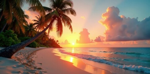 Sunset on tropical beach with palm trees and sandy shore, tropical, palm